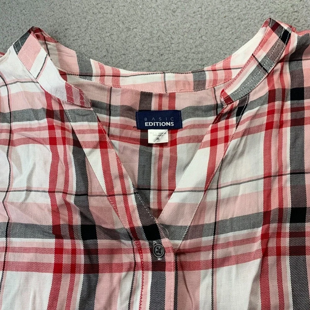 BASIC EDITIONS Shirt Womens 3X Button Up Blouse Top Plaid Long Sleeve Pink - Picture 6 of 8